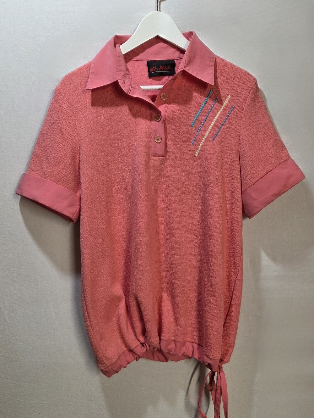 90s Mr. Max Pink Textured Polo Shirt Drawstring Blouson Hem Embroidered Womens L